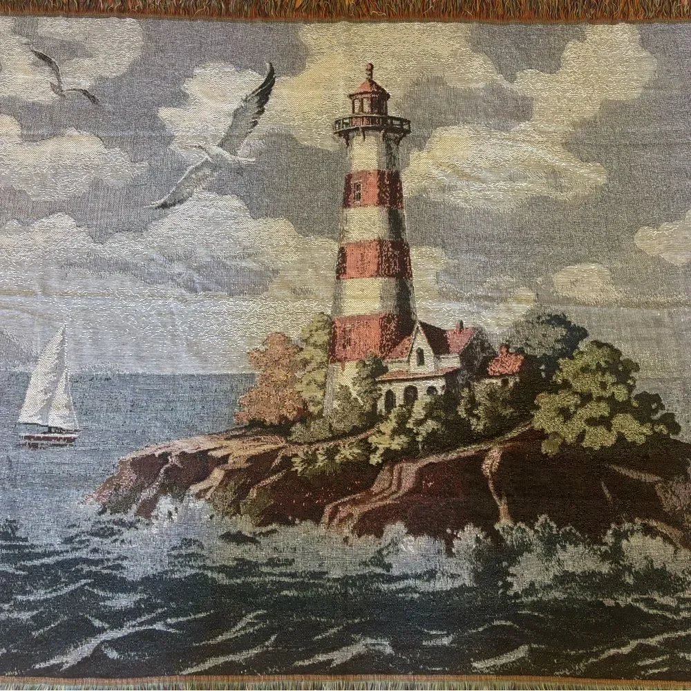 Lighthouse Tapestry Wall Hanging - Blue, grey red 60” X 50”
